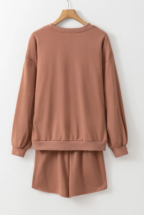 'First COFFEE' Sequin Long Sleeve Top and Shorts Set - Celes Fashion